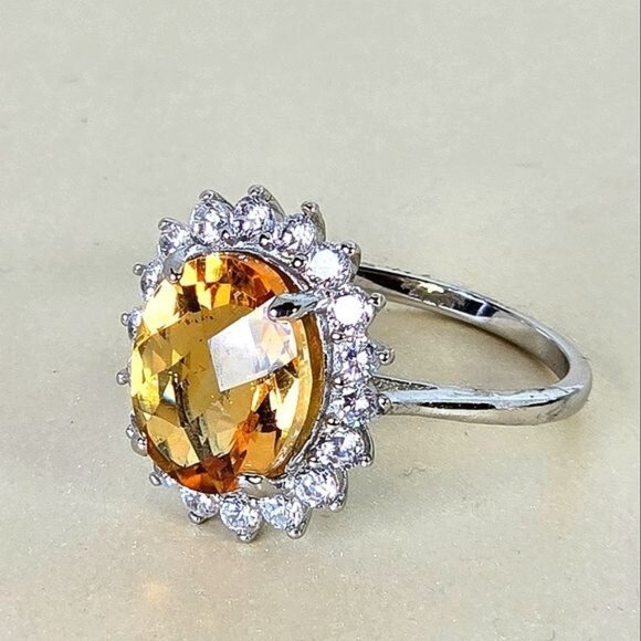 925 Sterling Silver Ring Sz 6.75 with Natural Citrine 12x10mm & CZ - Picture 7 of 8